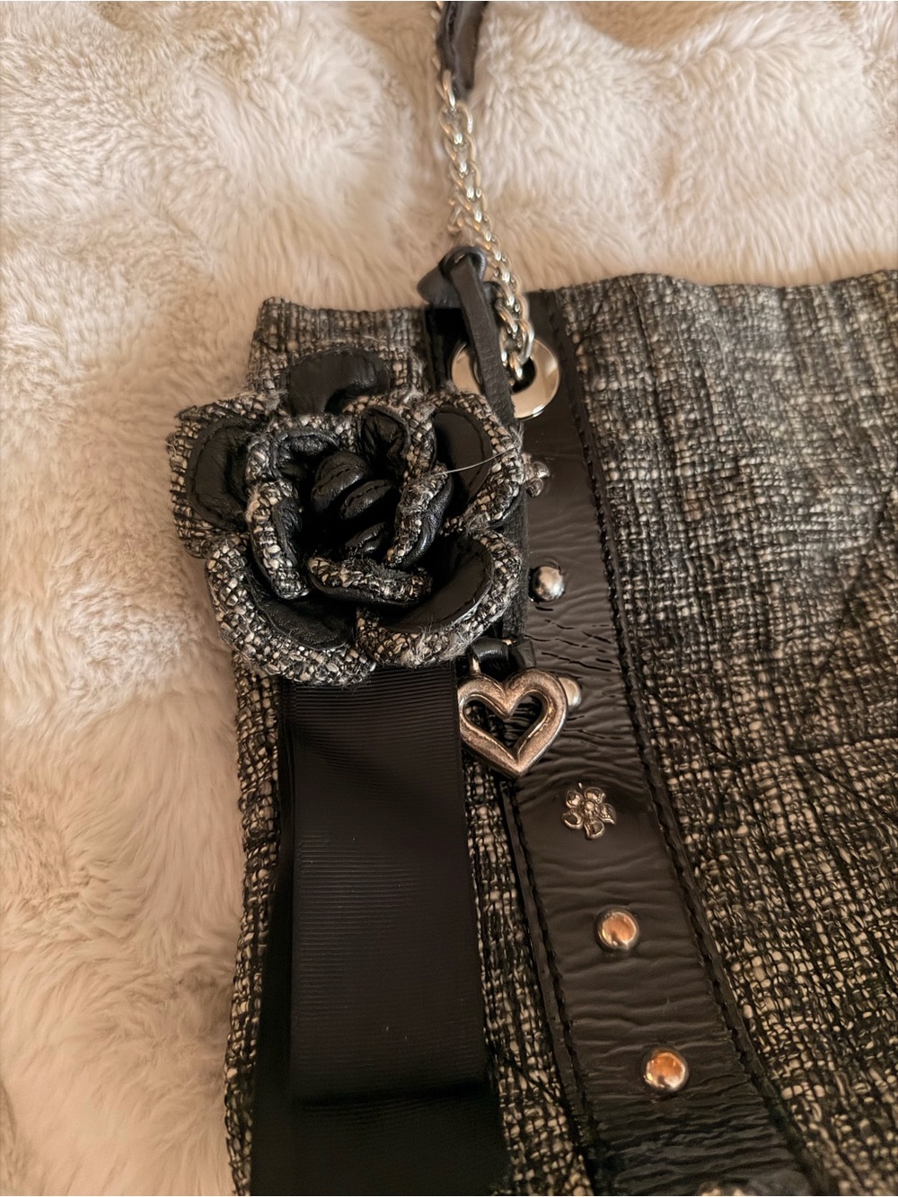 Brighton Black And White Tweed Tote Bag with Chain Handles - Picture 2 of 10